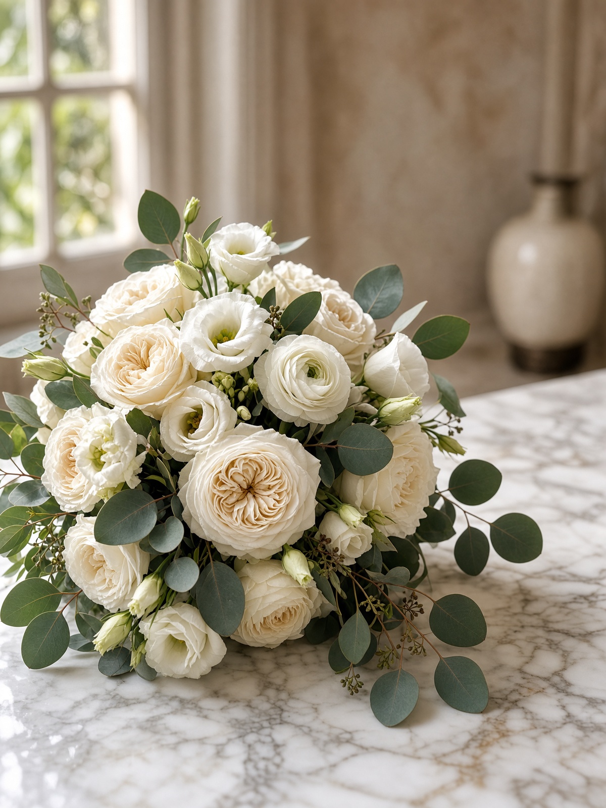 Brautstrauss aus weissen Rosen und Ranunkeln