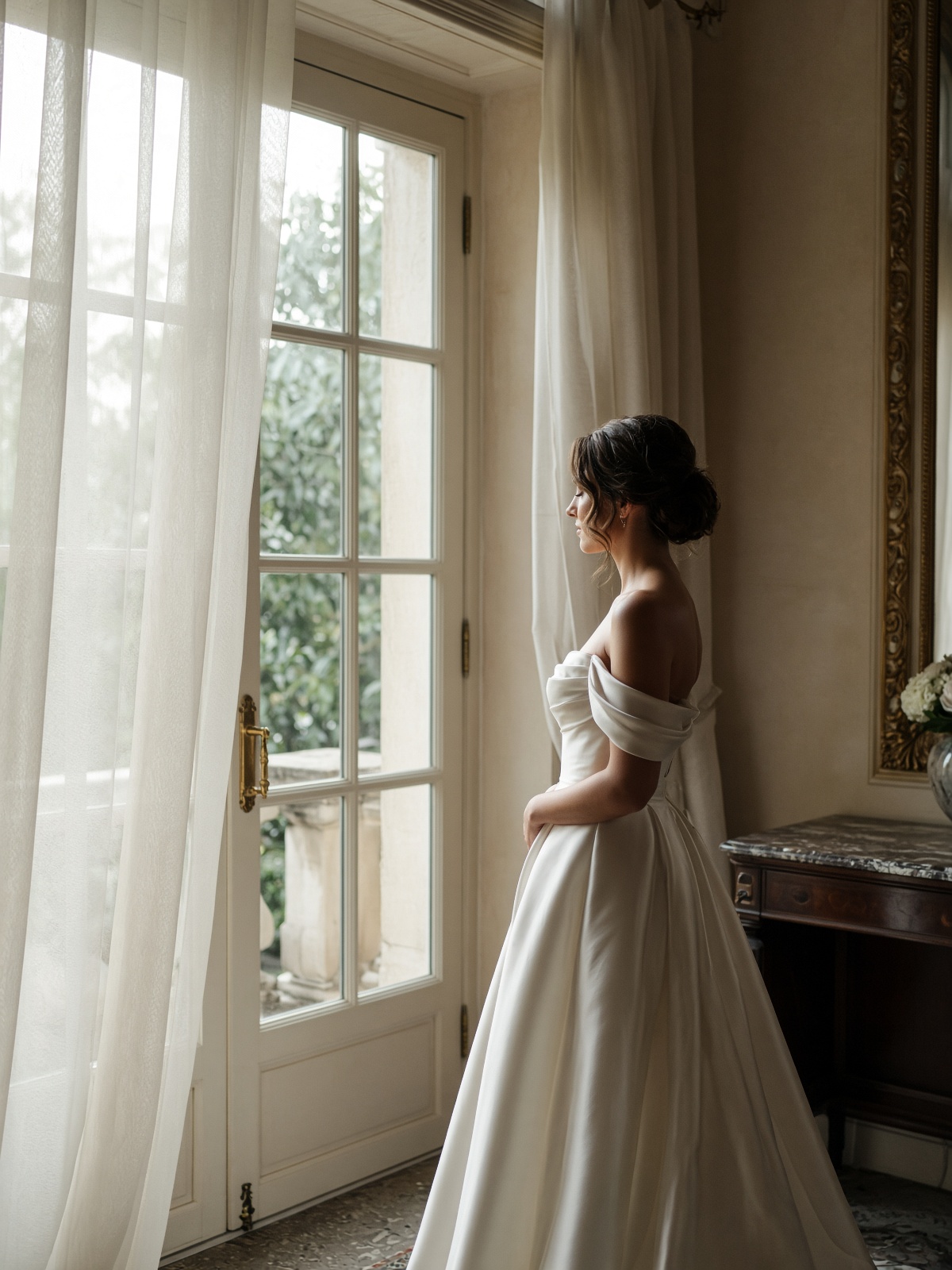 Braut am Fenster im Morgenlicht