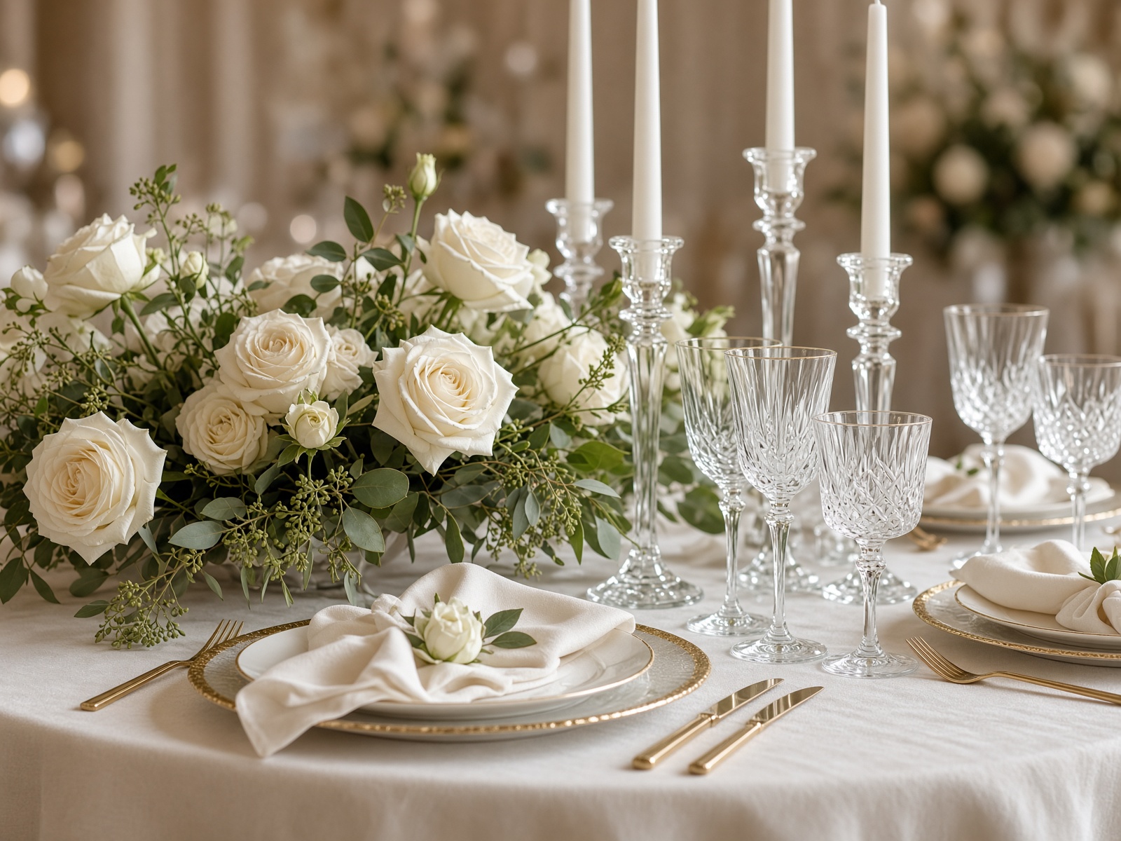 Tafelschmuck mit Kerzen und weissen Blumen