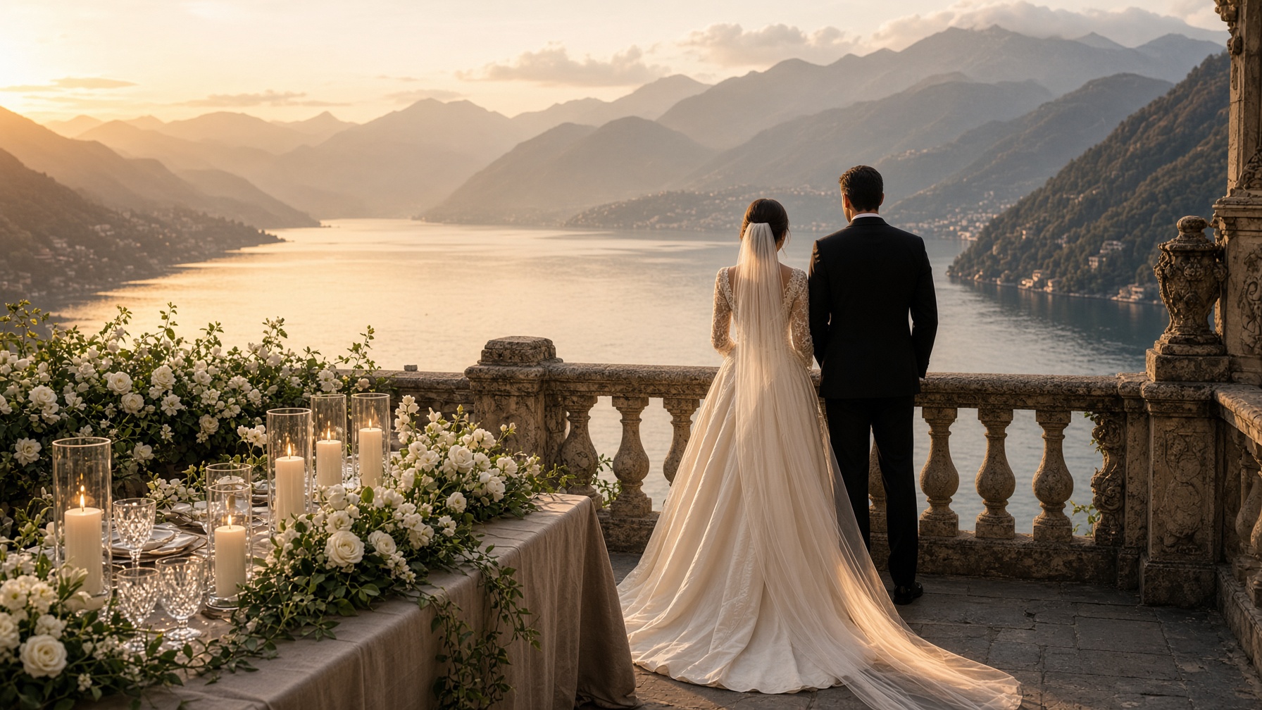 Hochzeitstafel auf einer Terrasse am See bei Sonnenuntergang