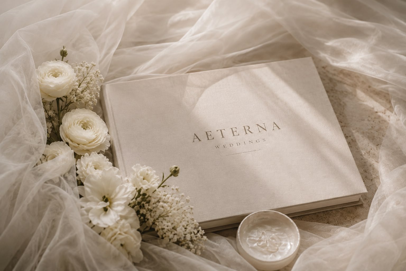 Leinenalbum mit weissen Blumen und Siegel