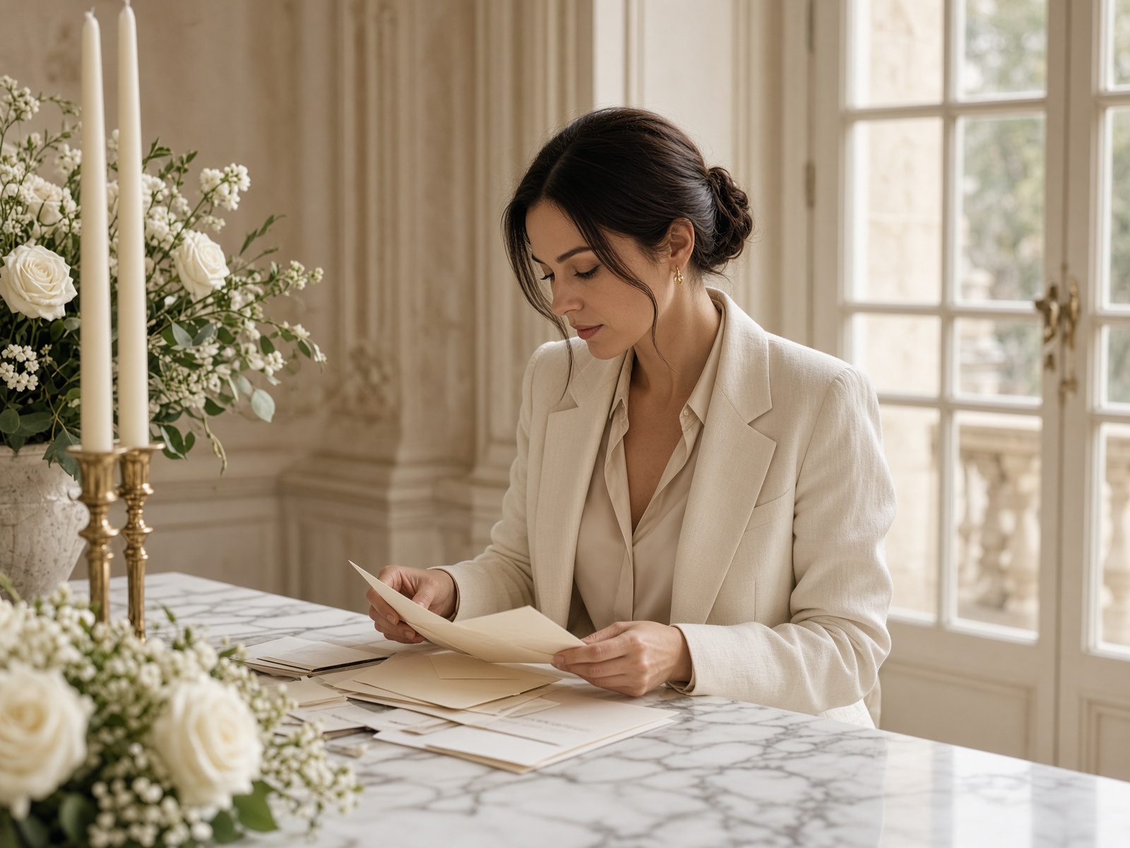 Planerin am Tisch mit Papeterie und Blumen